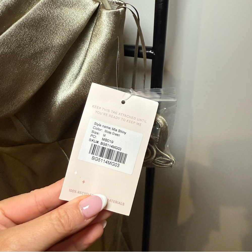 NWT Birdy Grey Mia Bridesmaid Dress Shiny Satin Moss Green - Picture 7 of 8